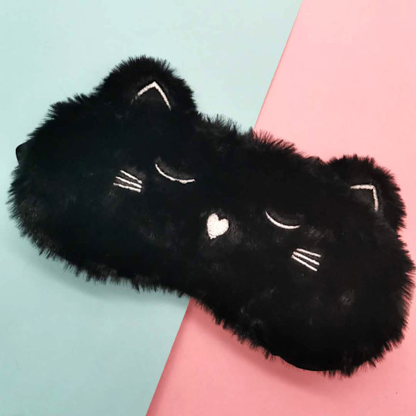 Söt sovmask, svart katt mjuk plysch fluffig sovmask rolig tecknad kattunge ögonbindel romantisk ögonmask ögonmask (svart, katt)