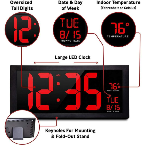LED digital väggklocka, stor tyst väckarklocka med tidskalender