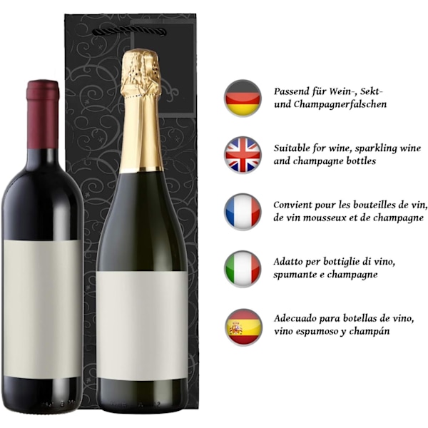 （12*10*36cm，Sort）Pakke med 10 gaveposer sølv flaskeposer til vin og champagne