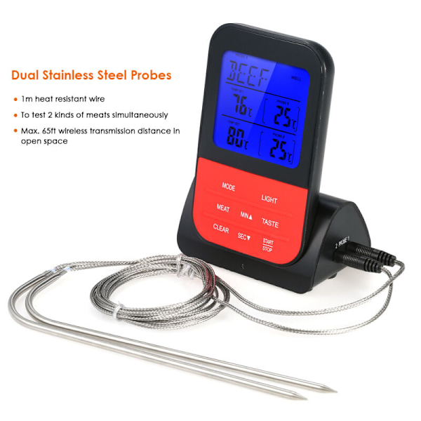 Trådlös digital köttermometer för grillning, omedelbar avläsning, bakgrundsbelyst LCD-skärm, matlagningstermometer med timer, dubbel sond