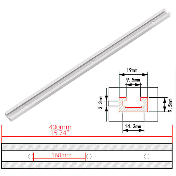 400 mm T-spår T-skena i aluminium, T-spårskena för bordssåg, krossnings- och träbearbetningsverktyg, 19 x 9,5 mm, 2 stycken