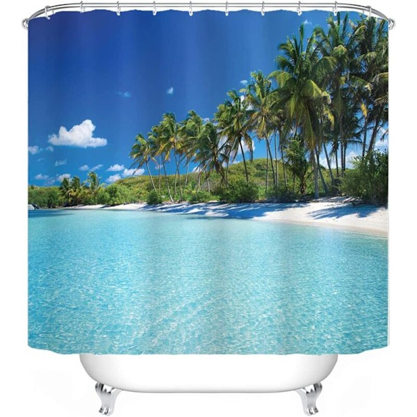 Tekstil bruseforhæng 180 x 180 cm - Strandmønster - Vandtæt - Dekorer dit badeværelse