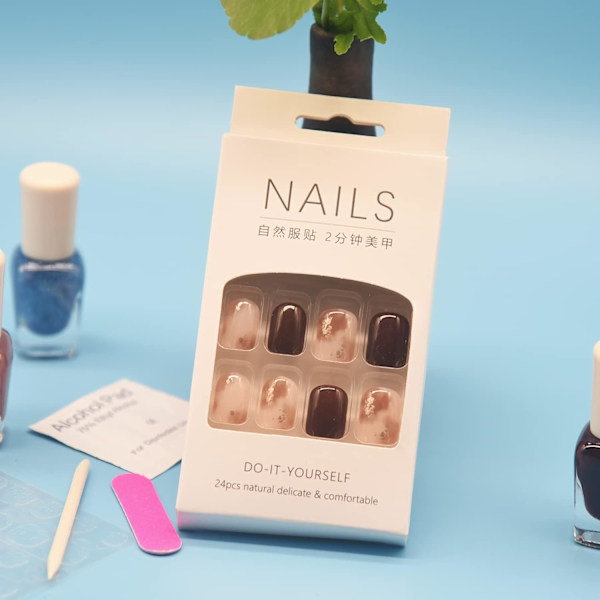 Tryck på naglar korta fyrkantiga falska naglar med glänsande glitterdesign gyllenbrun gradient full täckning faux akryl franska falska nagellim damnaglar
