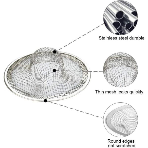 Sæt med 3 vaske filtre i rustfrit stål, anti-tobbust køkkenvask gitter Draft filter, vaskesi til køkken, badeværelse, vaske (7 cm diameter)