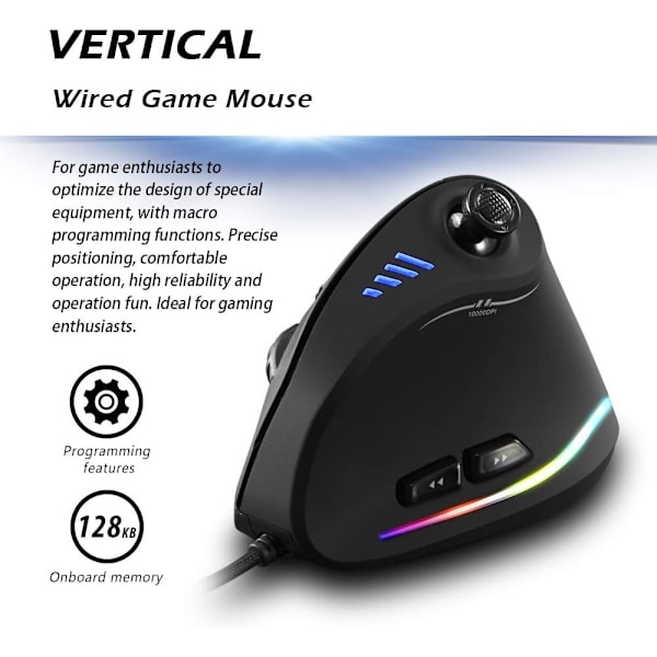 Mus, Ergonomisk USB-kablet vertikal mus med [5 D Rocker] [10000 DPI] [11 programmerbare knapper], RGB Gaming Mus til Gamer/PC/Laptop/Computer