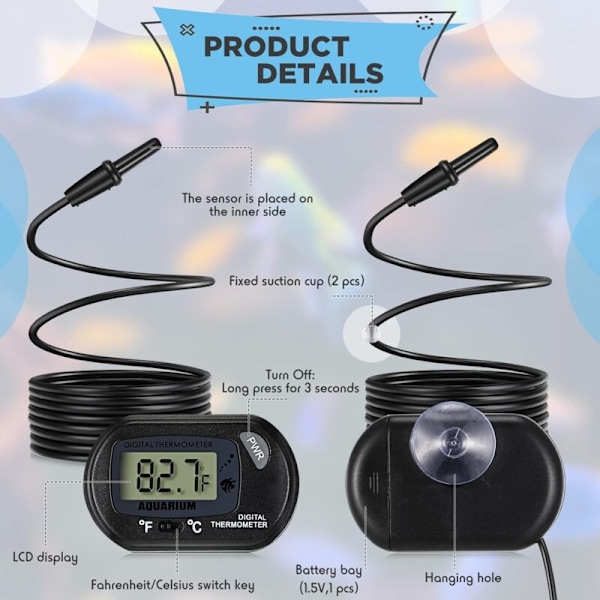 Akvariumtermometer LCD digitalt vanntermometer med vanntemperaturprobe og sugekopp for akvarium reptil marint habitat