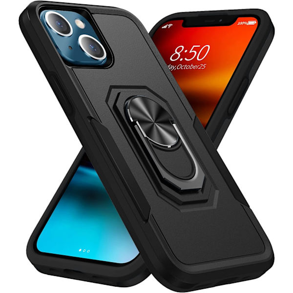 Nytt Designfodral för iPhone 13 med 360 Graders Rotationsring Stötsäkert Dubbellager Skyddande Fodral TPU och PC Skyddande Omslag Kompatibelt, Svart