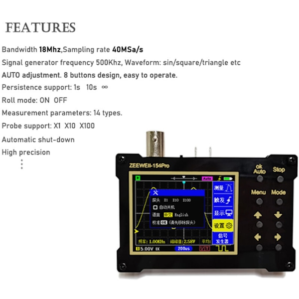DSO154Pro Digitalt Oscilloskop, 320 x 240 upplösning, 2,4-tums TFT-färgskärm, 40 msa/s samplingsfrekvens, stöd för signalgenerator