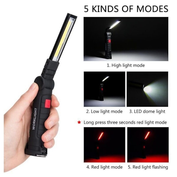 Byggepladslampe 5 stk. COB Arbejdslampe Genopladelig Led Arbejdslampe COB Værkstedslampe Lommelygte Arbejdslampe Led Arbejdslampe med Magnetisk Base