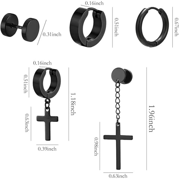 15 par rustfri stål kors øreringe - Hypoallergenisk punk hoop & dangle sæt til mænd/kvinder - Unisex hængsel design