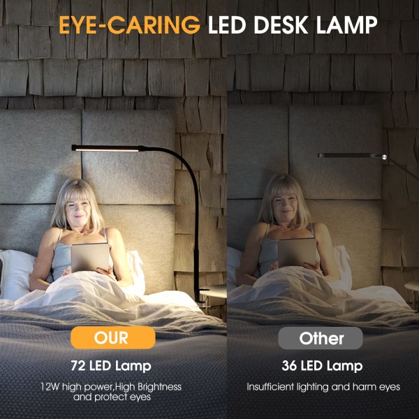 LED-bordlampe med klemme, 3 moduser, 10 lysstyrker, lang og fleksibel