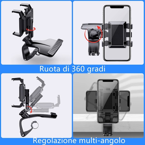 Biltelefonhållare, multifunktionell backspegel för bilinstrumentbräda med 360° justerbar fjäderklämma, lämplig för smartphones