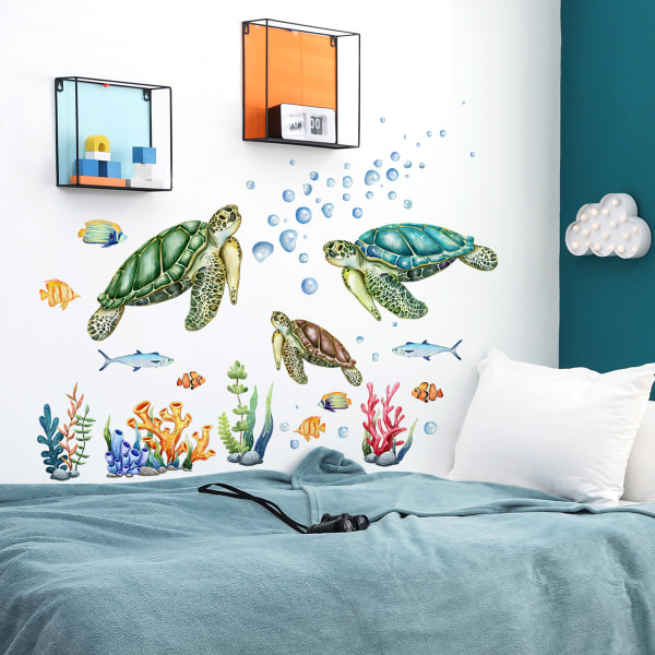 Havskildpadde, vandplanter, bobler og fisk, soveværelsesbaggrund