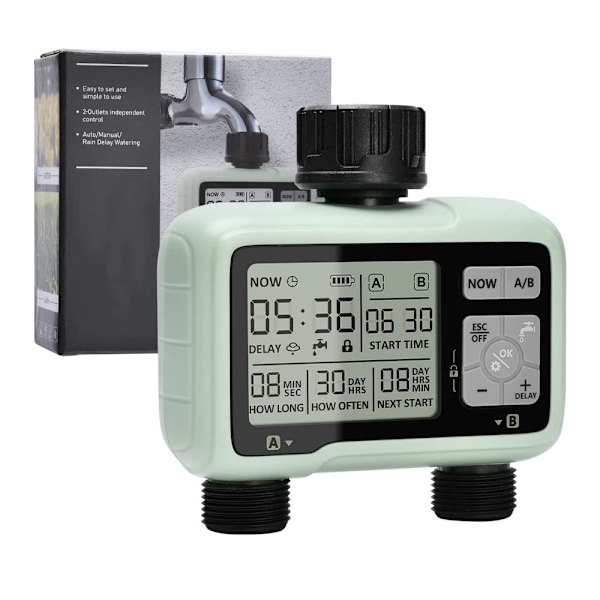 2-vejs automatisk vandtimer, havevandingstimer, børnesikringstilstand, automatisk og manuel tilstand, regnforsinkelse, IPX5