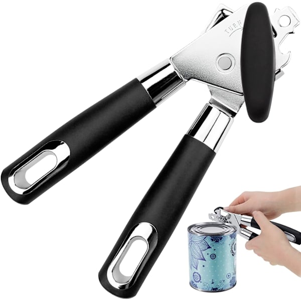 Musta - Manuaalinen tölkinavaaja, 3-in-1 pullonavaaja liukumattomalla kahvalla ja ergonomisellä kiertopainikkeella, ruostumattomasta teräksestä valmistettu terä, helppo kiertopainike (1 kpl)