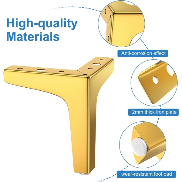 Guldset med 4 möbelben Lastar upp till 800 kg, 10 cm moderna triangelförmade metallbordsben, hårnålsmöbelben för skåp, soffa