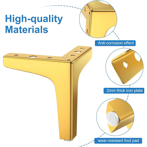 Set med 4 metalliska triangulära bordsben - Guld 10 cm, belastningskapacitet upp till 800 kg, moderna metalliska triangulära bordsben för skåp, soffor, möbelstift med