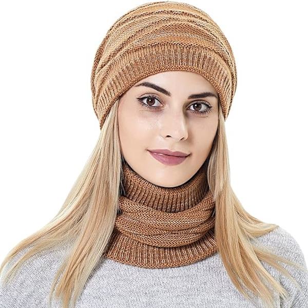2 i 1 Dame Slouchy Hue Hat og Halstørklæt Sæt Fleeceforet Strikket Ski Hat Vinter Varmt Hue og Halsvarmer til Piger(brun)