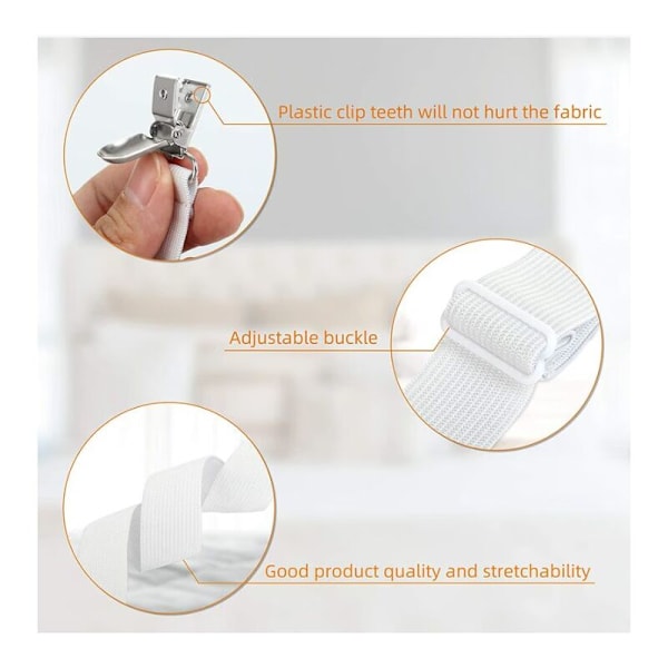 Justerbar lakansträckare (65cm till 200cm), justerbar fästrem för lakan, säng, soffa, strykbrädesöverdrag (vit, 4-pack)