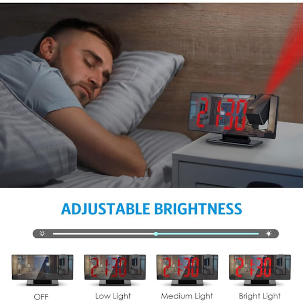 (Svart Fodral med Röd Text) Projektor Väckarklocka, 180° Projektionsväckarklocka, Digital Klocka med LED-Spegelskärm, USB-Port, Snooze, 4 Ljusstyrkor