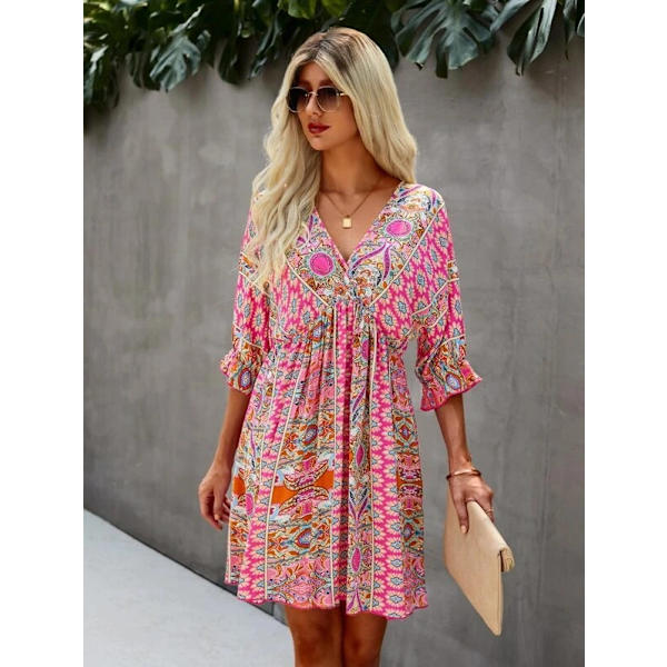 Kvinders Boho Tribal Print Kortærmet Maxi Kjole, V-hals Binde Sommerkjole