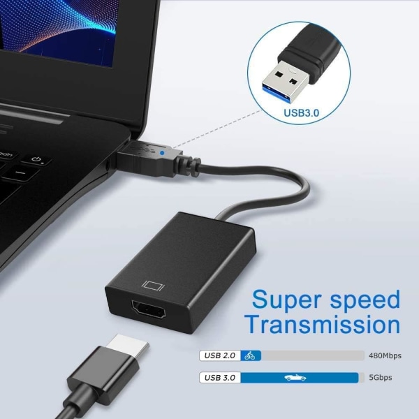 2 stk. USB 3.0 til HDMI-adapter, USB 3.0/2.0 til HDMI-konverter 1080