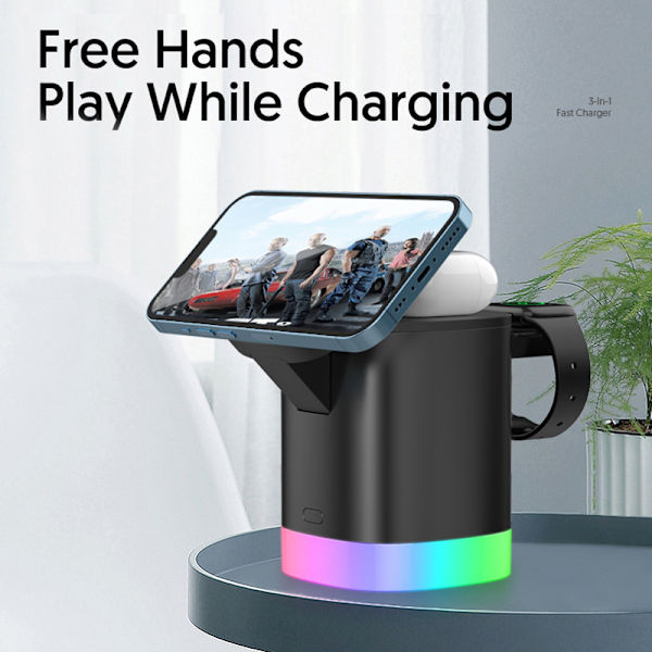 Magnetisk tre-i-ett trådløs lader - 15W hurtiglading stasjonær magnetisk brakett sammenleggbar mobiltelefon RGB trådløs lading