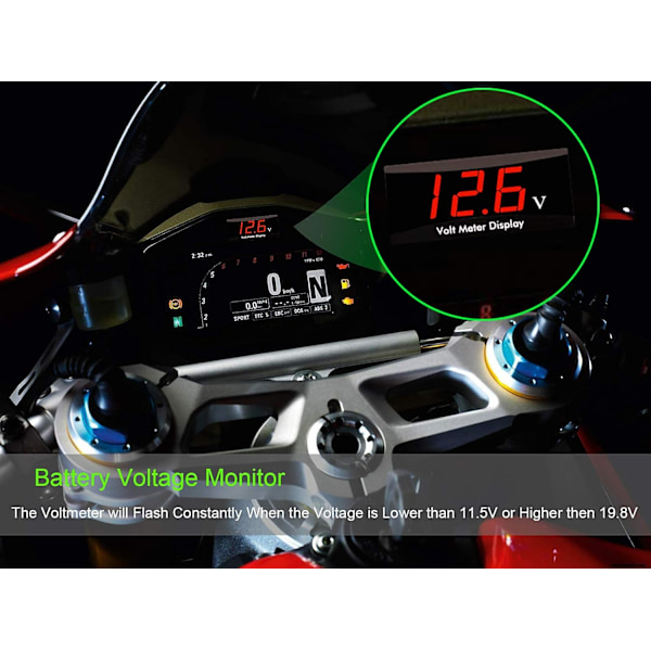 Motorsykkel Voltmeter DC 12V Digital Voltmeter Måler LED Display Spenningsmåler for Motorsykkel Bil Batterispenningsmonitor
