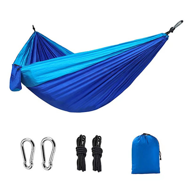 Ultralätt bärbar campinghängmatta (blå), 270x140cm, belastningskapacitet 300kg, med 2 högkvalitativa karbinhakar och 2 nylonremmar, lämplig för trädgård,