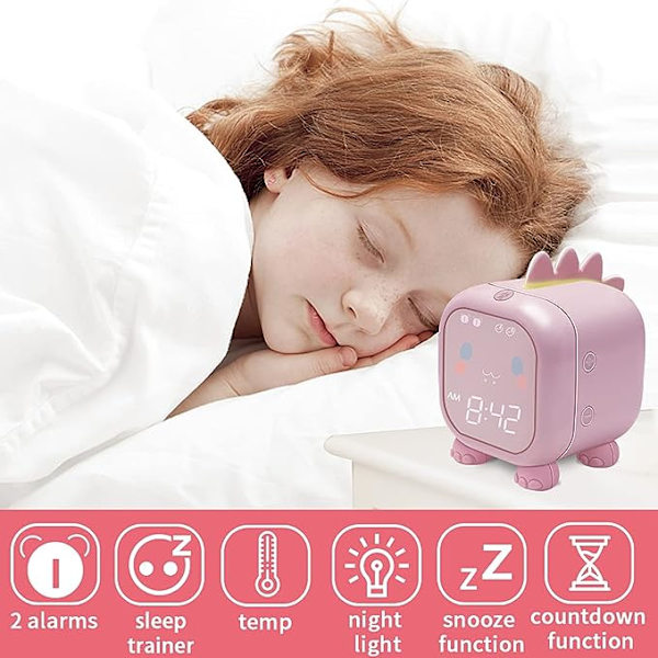 Dinosaur Square Barnealarmklokke (Rosa, 8,8*12*11,5cm) Digital Alarmklokke for Barnerom Søt Sengelampe Sovetrener USB Bursdag