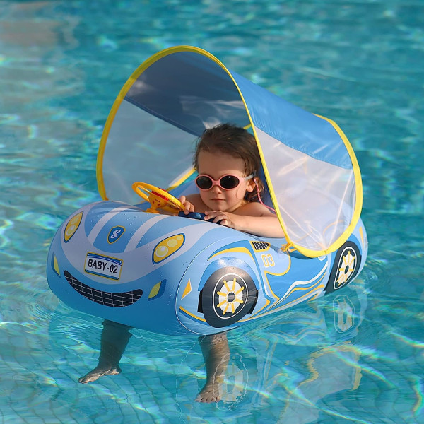Pool Float Uppblåsbar Bil Baby Swim Float med Justerbar Soltak och Säkerhetssäte Poolleksaker för barn 1-4 år