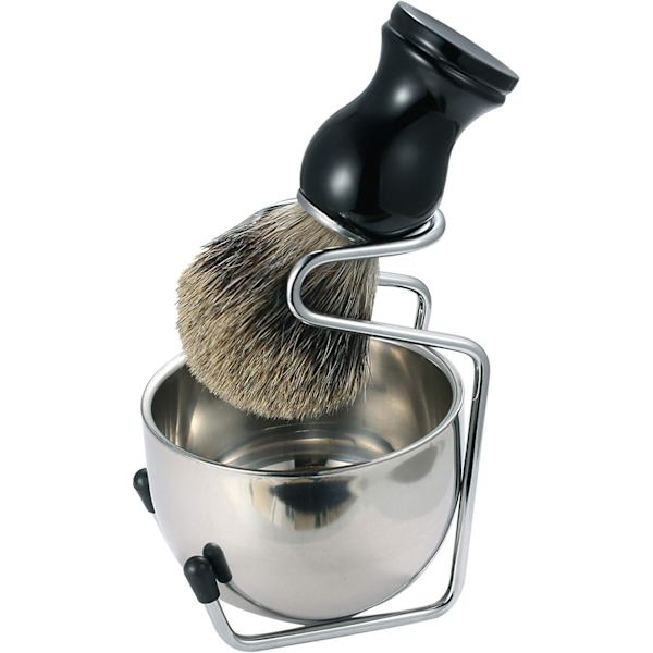 Barberingskostsett med skjegggrevlinger med treskaft + barberbolle i rustfritt stål + stativ for barberhøvel