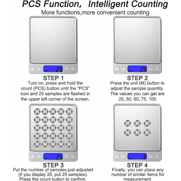 Precisionsvåg 500g/0,01g, köksvåg/fickvåg/smyckesvåg, hög precision, LCD-skärm, Tara & PCS & 2 brickor funktion
