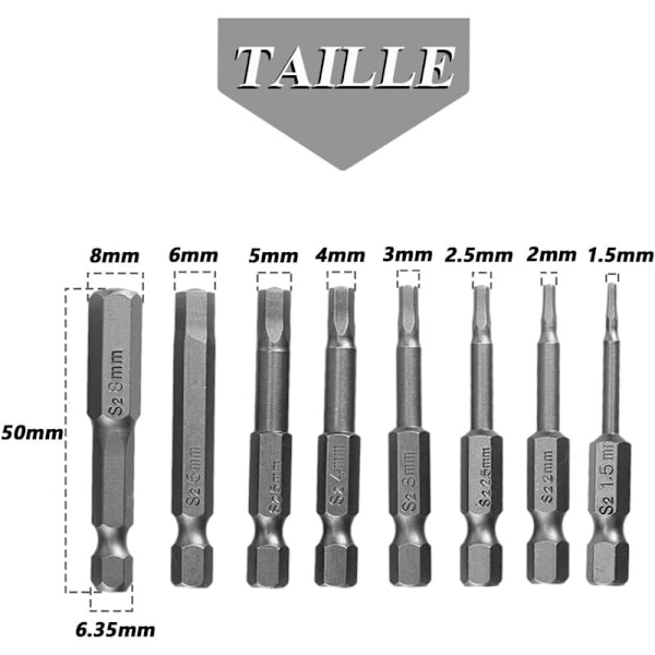 Sett med 8 magnetiske sekskant-skrutrekkerbits 50mm i S2 stål Vitta toe med sekskant hode H1.5-H8 sett med hex 1/4 tommers skrutrekker