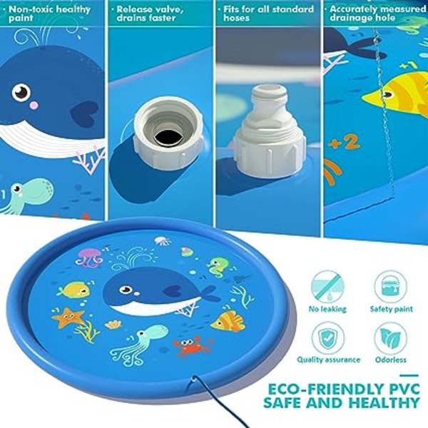 Children's Water Squirt Mat 170CM PVC Water Splashing Spray Mat Play Pool Mat and with Jet Fountain for Child,Splash Sprinkle Play Pad Mat Boys and