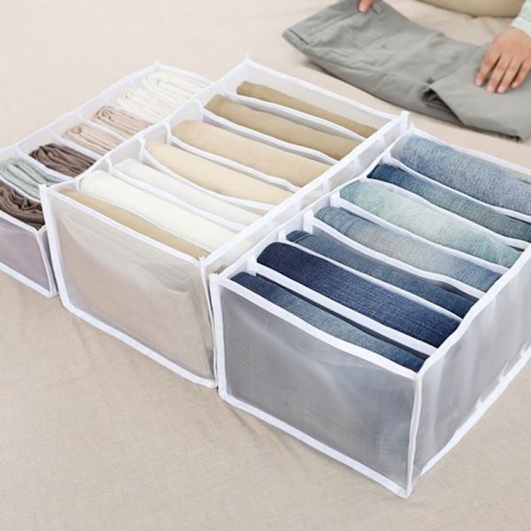 Skuffeopbevaringsboks med rum til jeans, skab, skuffe, netinddeling til jeans, hvid, 7 rum