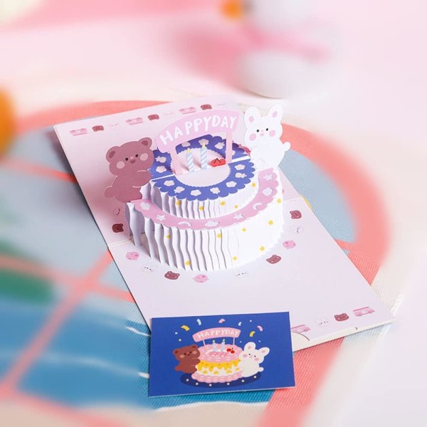 3D pop op fødselsdagskort mors dag kort med konvolut, foldet håndlavet tillykke med fødselsdagskort med 2 etagers bjørnekage til kvinder piger drenge børn