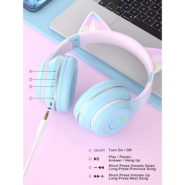 Katteører Foldable Jentehodetelefoner Over Ear med LED-lys (Blå)