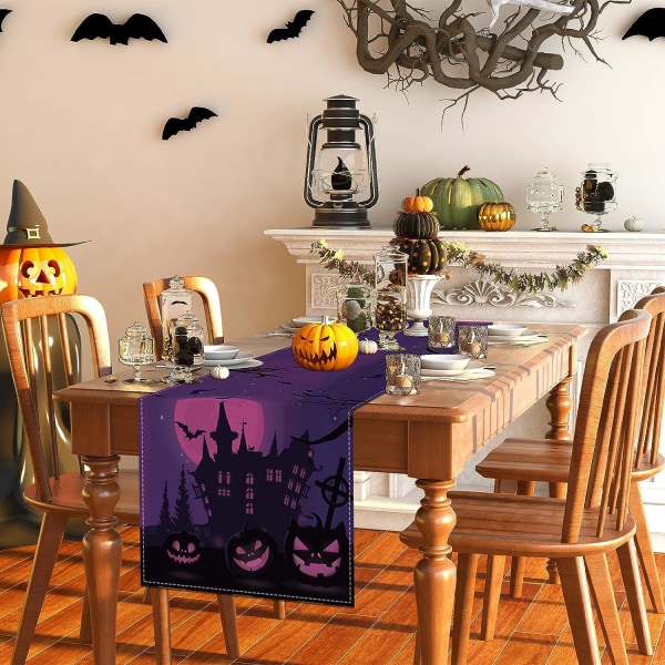 Pellava Halloween Pöytäliina Pelottava Halloween Pöytäliina Hautausmaa Pumpkin Crow Halloween Koristeet ja tarvikkeet Koti Keittiön Pöytä 13×72 tuumaa