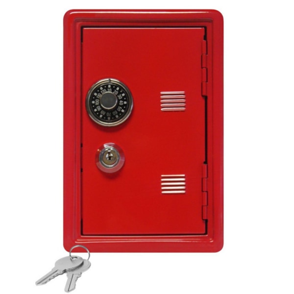 Red Metal Money Box in the Shape of a Safe with Key