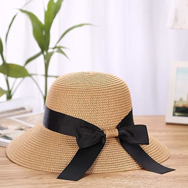 Sju kvinnors solhatt Floppy hopfällbar rosett halmhatt sommar strandmössa UV-skydd UPF50