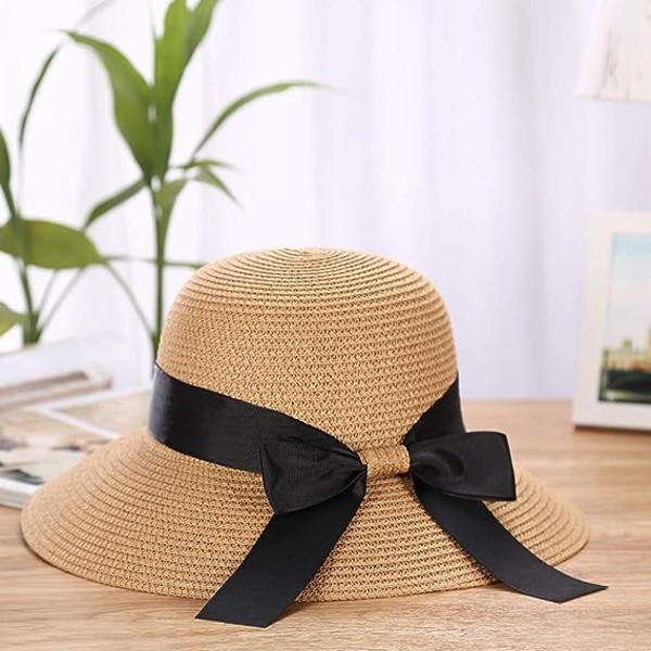 Syv kvinners solhatt Floppy Foldable Bowknot stråhatt sommer strandhette UV-beskyttelse UPF50