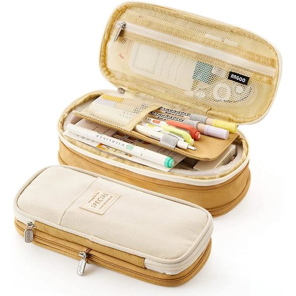 Stor kapacitet blyantsæske holdbar penneholder organizer brevpapir makeup kosmetik pung til børn, 22x11cm（Khaki）