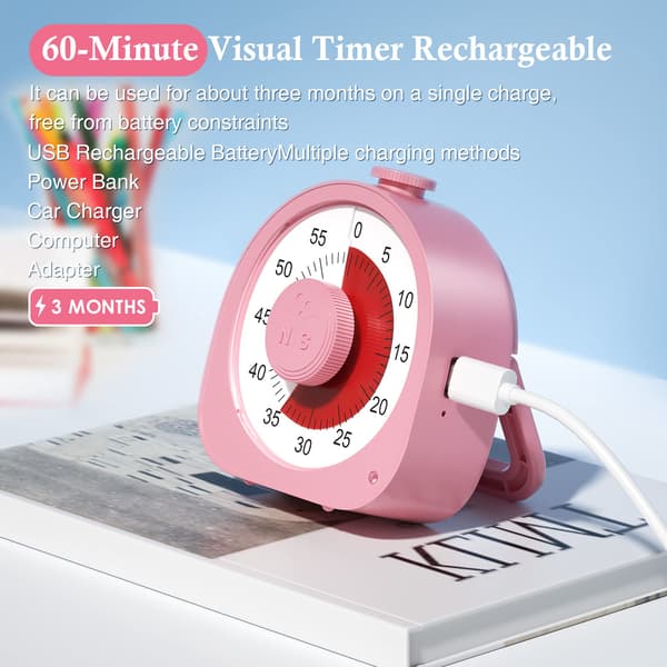 Gjenladbar visuell timer, timer med ringetone og vibrasjonsmodus, 60 minutters nedtellingstimer, barnetimer, visuell timer for barns læring, kjøkken (Pi