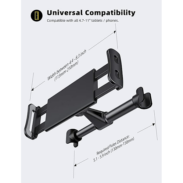 Musta, Auton tabletin pidike, Päätuen tabletin pidike - Universaali pidike 4,4\"~11\" tabletille, 2021 iPad Pro 9,7, 10,5, Air Mini 2 3 4, Samsung Tab, iPhone