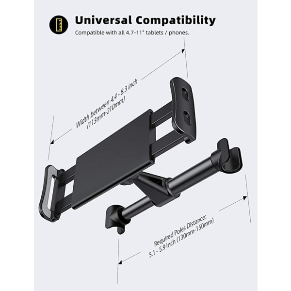 Sort, Bil Tablet Holder, Hovedstøtte Tablet Holder - Universal Holder til 4.4\"~11\" Tablet, 2021 iPad Pro 9.7, 10.5, Air Mini 2 3 4, Samsung Tab, iPhone