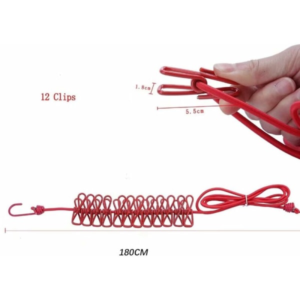 Bærbar klesvaskesnor elastisk justerbar vaskesnor med 12 stk klips Reiseklesvaskesnor [Rød]