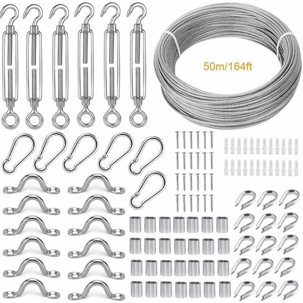Rustfri Stål Hængende Reb Kit, 50M/2mm Belagt Rustfri Stålkabel, med M5 Spændeskruer og Krog, Rustfri Stål Kabeltilbehør til Rækværk, Cl
