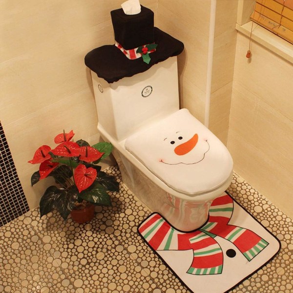 Snowman Toilet Seat Cover and Tissue Box Mat Christmas Decoration for Bathroom Toilet