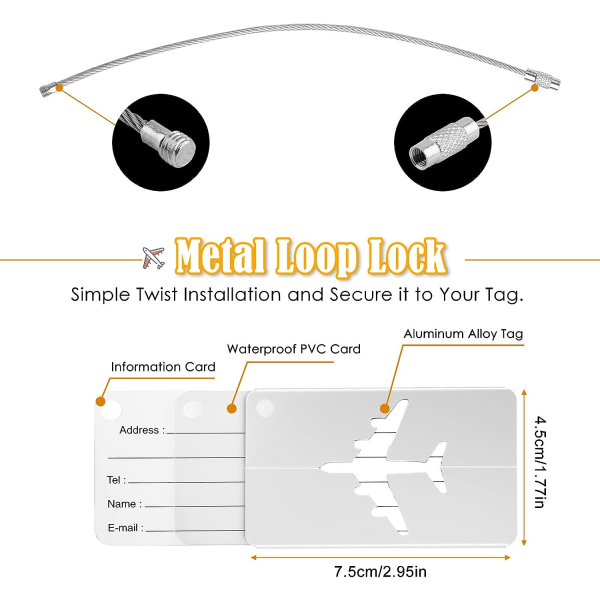 Hopea - 6 kpl Matkatavaratunnisteet Lentokoneen Matkatavaratunnisteet Alumiiniset Matkatavaratunnisteet Ruostumattomasta Teräksestä Valmistetulla Köydellä ja Vedenpitävällä PVC-Kortilla Matkatavaratunnisteet (6 kpl)